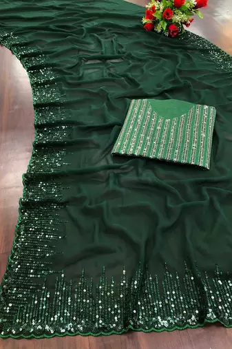 green sequinned poly georgette saree with blouse piece