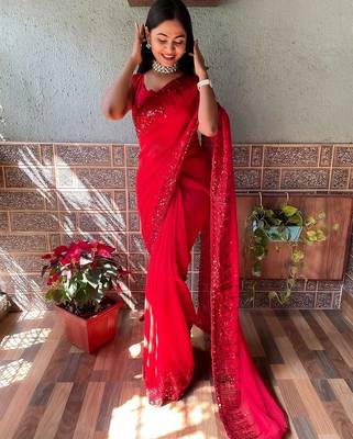 red red sequinned saree 1