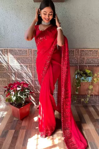 red red sequinned saree