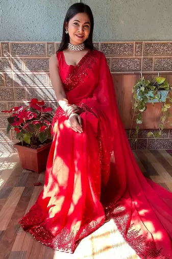 red red sequinned saree