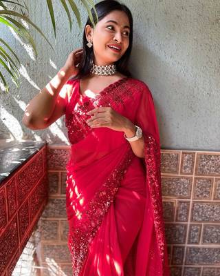 red red sequinned saree 3