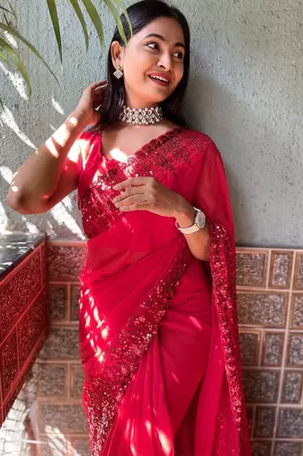 red red sequinned saree