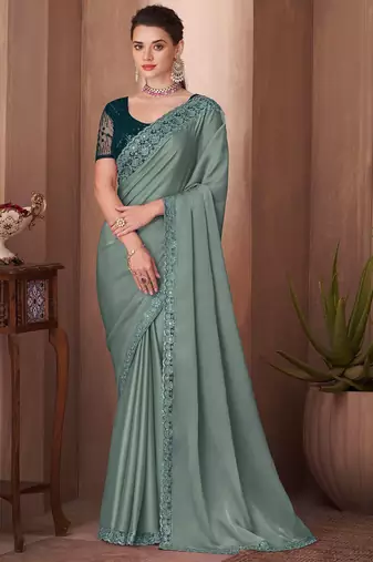 sea_green sea green embellished sequinned border saree