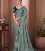 sea_green sea green embellished sequinned border saree