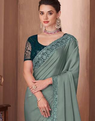 sea_green sea green embellished sequinned border saree 2