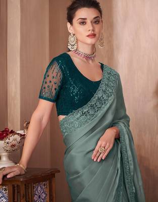 sea_green sea green embellished sequinned border saree 3