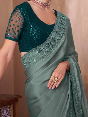 sea_green sea green embellished sequinned border saree 4