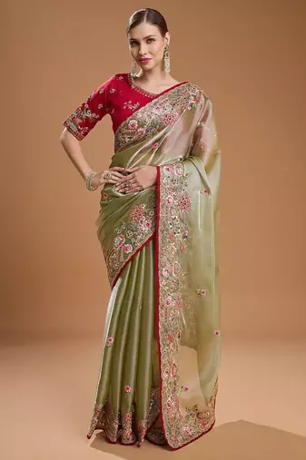 red ethnic motifs sequinned silk blend saree