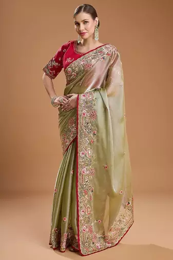 red ethnic motifs sequinned silk blend saree