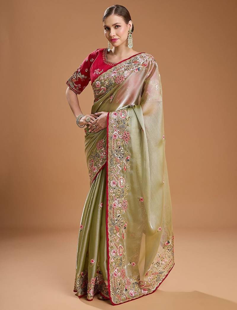 red ethnic motifs sequinned silk blend saree