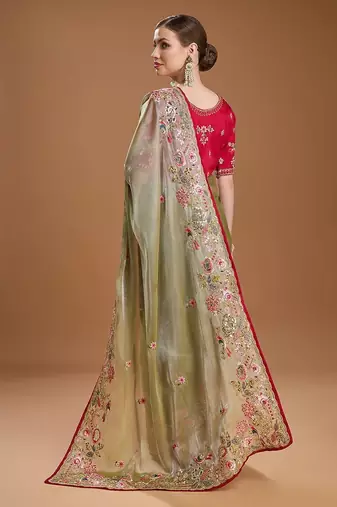 red ethnic motifs sequinned silk blend saree
