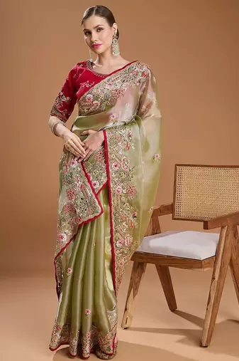 red ethnic motifs sequinned silk blend saree