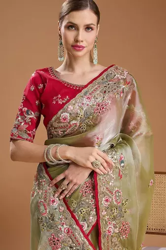 red ethnic motifs sequinned silk blend saree