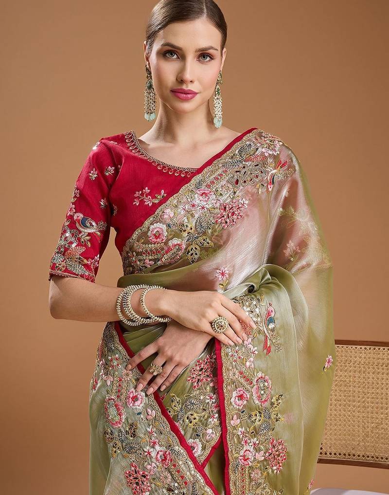 red ethnic motifs sequinned silk blend saree