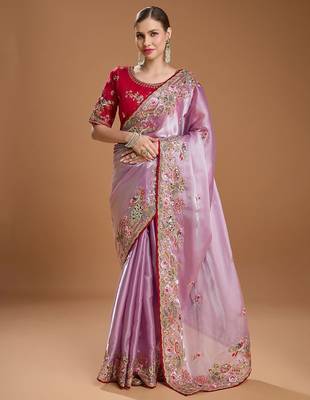 lavender women floral sequinned silk blend saree 1