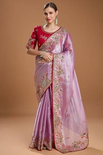 lavender women floral sequinned silk blend saree