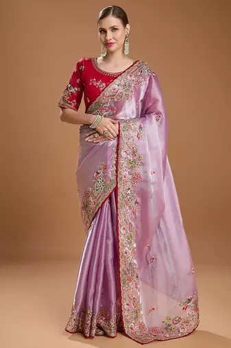 lavender women floral sequinned silk blend saree