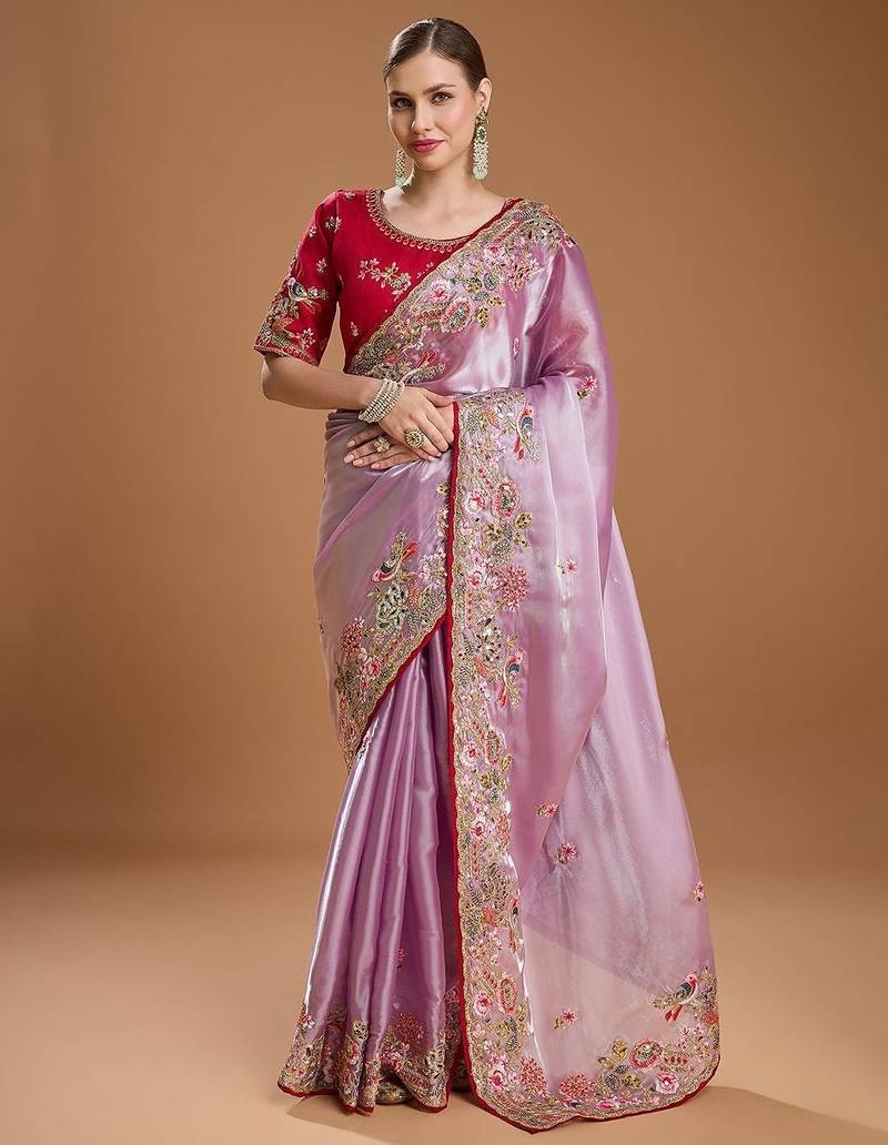 lavender women floral sequinned silk blend saree