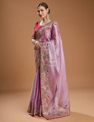 lavender women floral sequinned silk blend saree 2