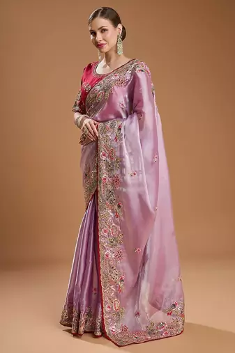 lavender women floral sequinned silk blend saree