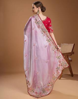 lavender women floral sequinned silk blend saree 3