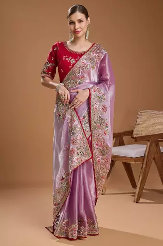 lavender women floral sequinned silk blend saree