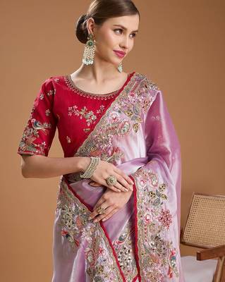 lavender women floral sequinned silk blend saree 5