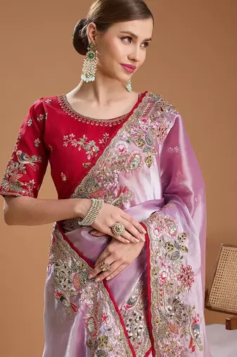 lavender women floral sequinned silk blend saree