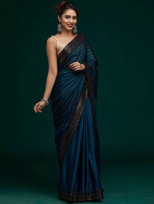 teal teal black striped sequinned poly georgette saree 1