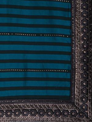 teal teal black striped sequinned poly georgette saree 5