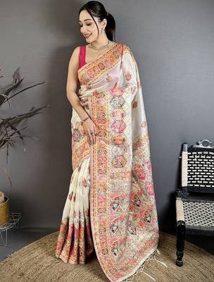 off_white off white pashmina silk zari weaving saree matching blouse piece 1