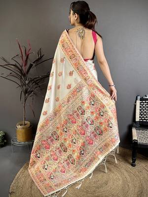 off_white off white pashmina silk zari weaving saree matching blouse piece 2