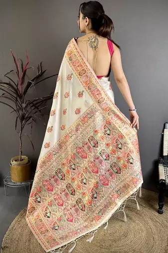 off_white off white pashmina silk zari weaving saree matching blouse piece