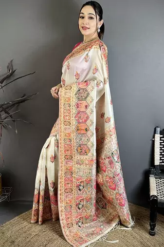 off_white off white pashmina silk zari weaving saree matching blouse piece
