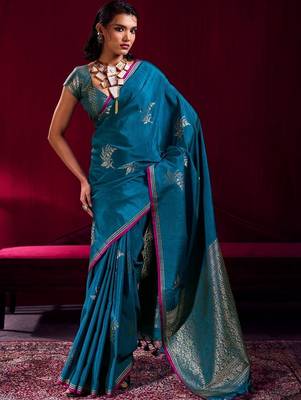 teal ethnic motifs woven design zari pure linen banarasi saree with blouse piece 1