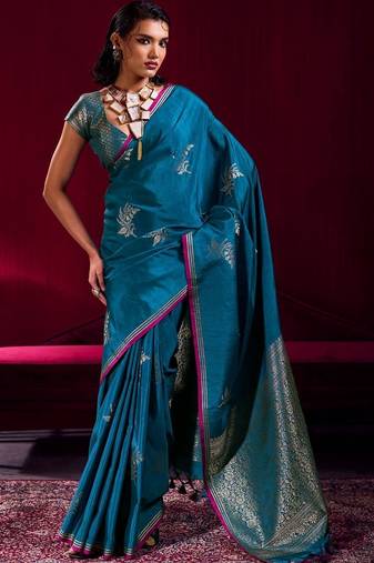 teal ethnic motifs woven design zari pure linen banarasi saree with blouse piece