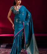 teal ethnic motifs woven design zari pure linen banarasi saree with blouse piece