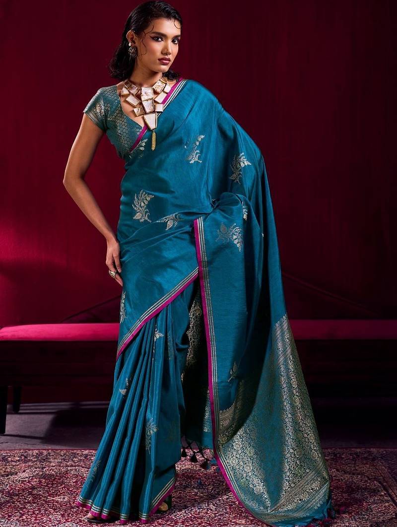 teal ethnic motifs woven design zari pure linen banarasi saree with blouse piece