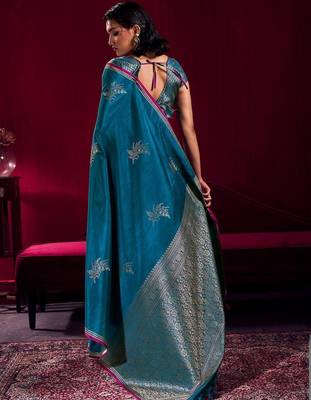 teal ethnic motifs woven design zari pure linen banarasi saree with blouse piece 2