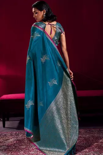 teal ethnic motifs woven design zari pure linen banarasi saree with blouse piece