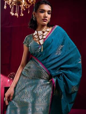 teal ethnic motifs woven design zari pure linen banarasi saree with blouse piece 3