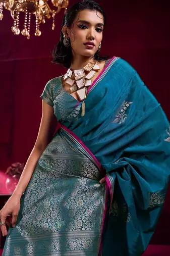 teal ethnic motifs woven design zari pure linen banarasi saree with blouse piece