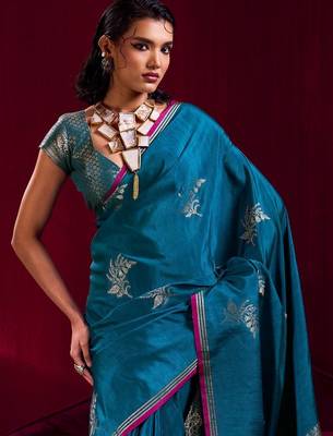 teal ethnic motifs woven design zari pure linen banarasi saree with blouse piece 4