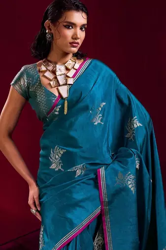 teal ethnic motifs woven design zari pure linen banarasi saree with blouse piece