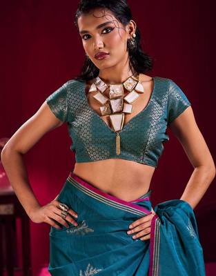 teal ethnic motifs woven design zari pure linen banarasi saree with blouse piece 5