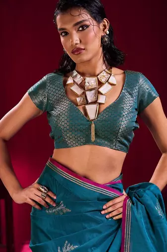 teal ethnic motifs woven design zari pure linen banarasi saree with blouse piece