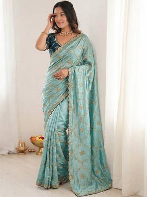 turquoise embellished embroidered organza heavy work saree 1