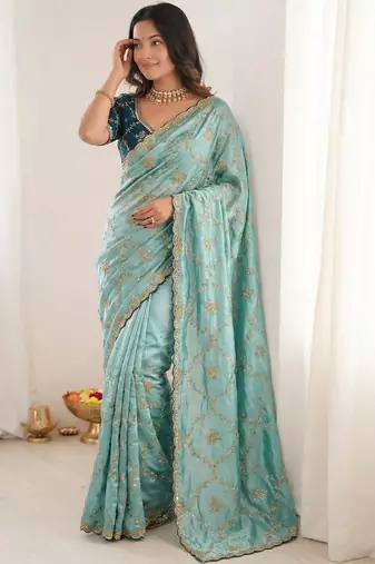 turquoise embellished embroidered organza heavy work saree