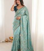 turquoise embellished embroidered organza heavy work saree