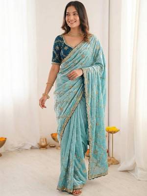 turquoise embellished embroidered organza heavy work saree 2